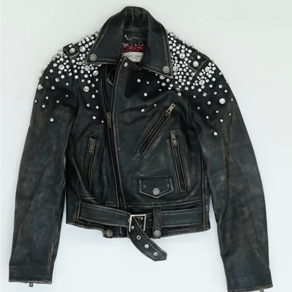 Golden hood chiodo destiny crystal embellished leather Moro jacket
